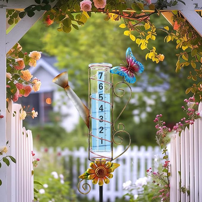 WONDER GARDEN Rain Gauge Outdoor, Decorative Kettle-Shape Rain Gauges Outdoors Best Rated, Freeze Proof Glass Water Rain Measure Gauge with Butterfly for Yard Patio Lawn Decor