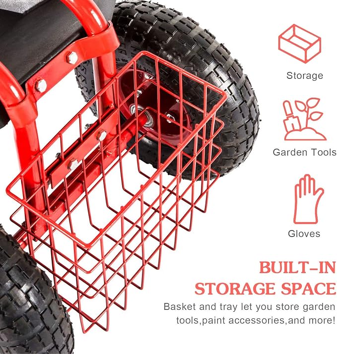 Garden Cart Rolling Work Seat 4-Wheel Mobile Patio Wagon Scooter for Planting, Adjustable Handle 360 Degree Swivel Seat, Red