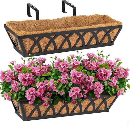 2 Pack 32IN Window Box Railing with Adjustable Brackets, Hanging Flower Planter Basket with Coco Liner for Outdoor Balcony Porch Fence Patio (Black)