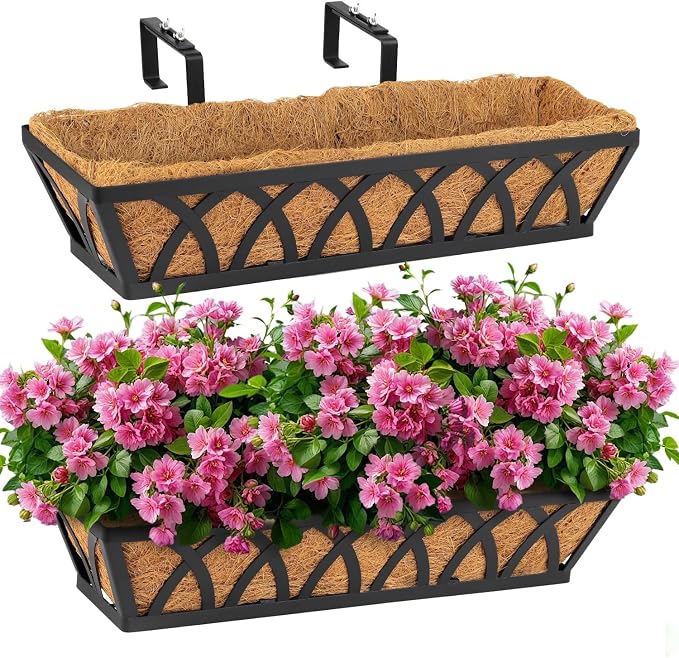 2 Pack 24IN Window Box Railing with Adjustable Brackets, Hanging Flower Planter Basket with Coco Liner for Outdoor Balcony Porch Fence Patio (Black)