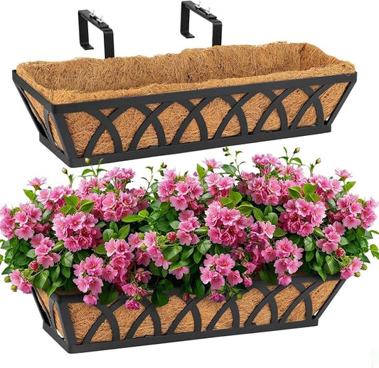 2 Pack 24IN Window Box Railing with Adjustable Brackets, Hanging Flower Planter Basket with Coco Liner for Outdoor Balcony Porch Fence Patio (Black)