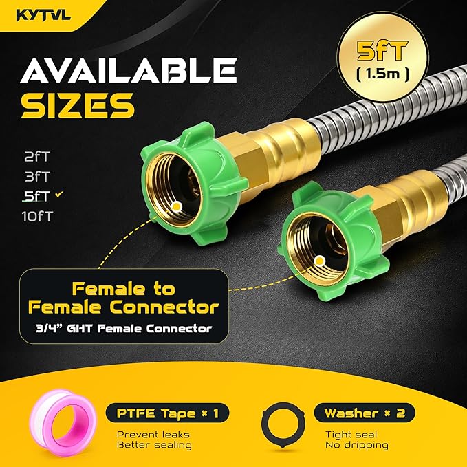 5FT Short Garden Hose Female to Female – Stainless Steel Leader Hose for Hose Reel, Kink-Free Flexible Metal Water Hose, Leakproof Durable Designy for Outdoor Garden, Pet Washing, Car