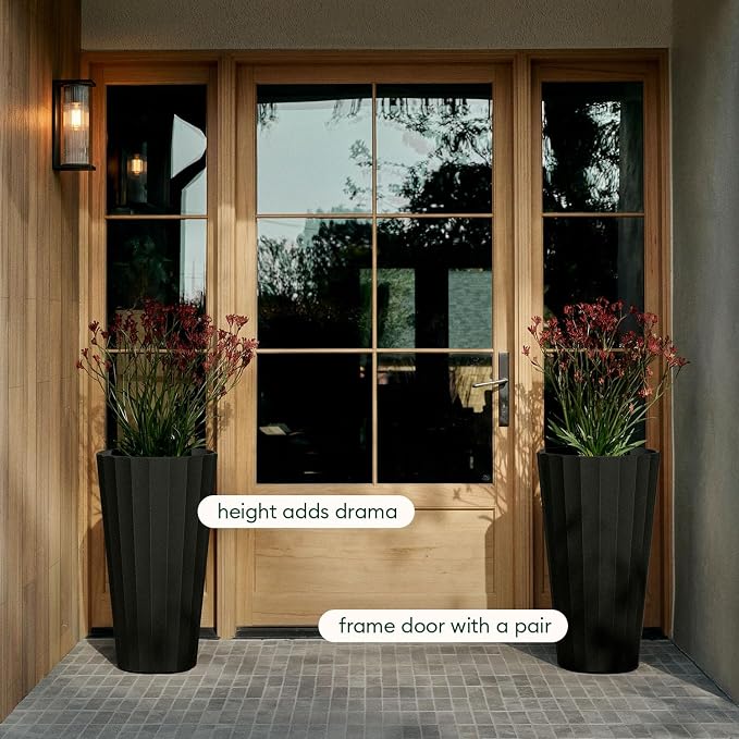 Veradek Column Series 26" Tall Outdoor Planter for Porch & Patio | Durable Plastic-Stone Material w/Shelf | Modern Décor for Plants & Flowers