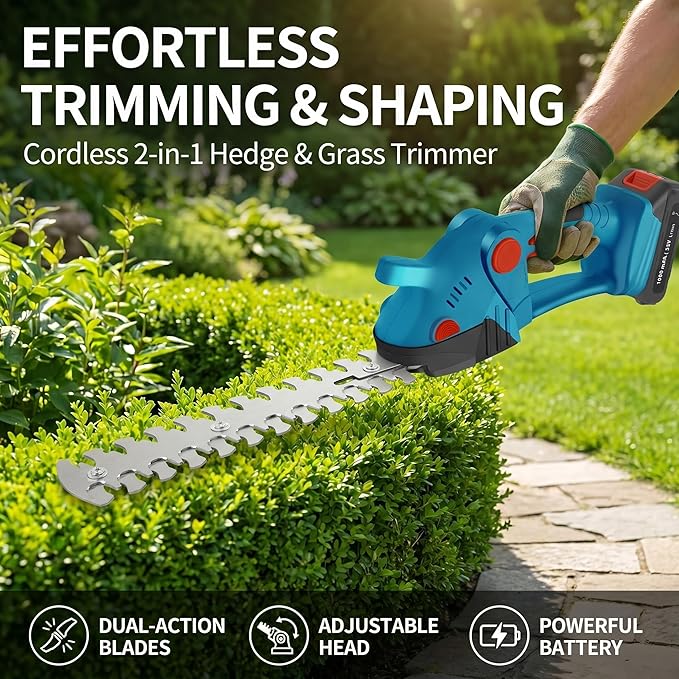 Cordless Grass Shears,2-in-1 Mini Hedge Trimmer,21V Handheld Grass Trimmer,Grass Trimmer with 2Pcs 1500mAh Batteries and Charger ＆Toolbox Electric Grass Shears for Garden, Lawn (Blue)