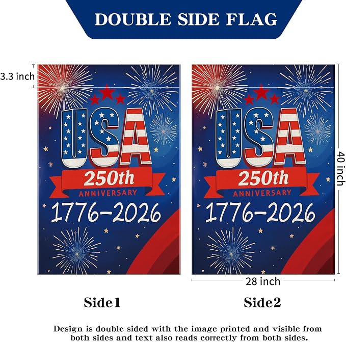 250 Anniversary USA Garden Flag, 250th Anniversary America Flag 1776-2026 Commemorative Patriotic 250 Year Banner 4th of July Yard Sign Double-Sided Waterproof Garden Flag 28x40 Inch
