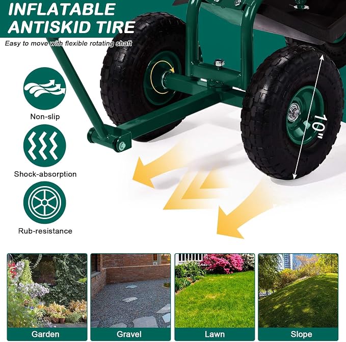 Outvita Rolling Garden Work Seat with Wheels, Garden Scooter with 360 Degree Swivel Seat & Extendable Handle & Tool Tray, Gardening Stool for Planting(Green)