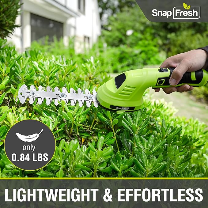 SnapFresh Cordless Hedge Trimmer & Grass Shears, 2-in-1 7.2V Handheld Mini Hedge Trimmer with 180° Rotating Head, Electric Bush & Shrub Trimmer, 2.0Ah Battery & USB-C Charging for Garden Yard Lawn