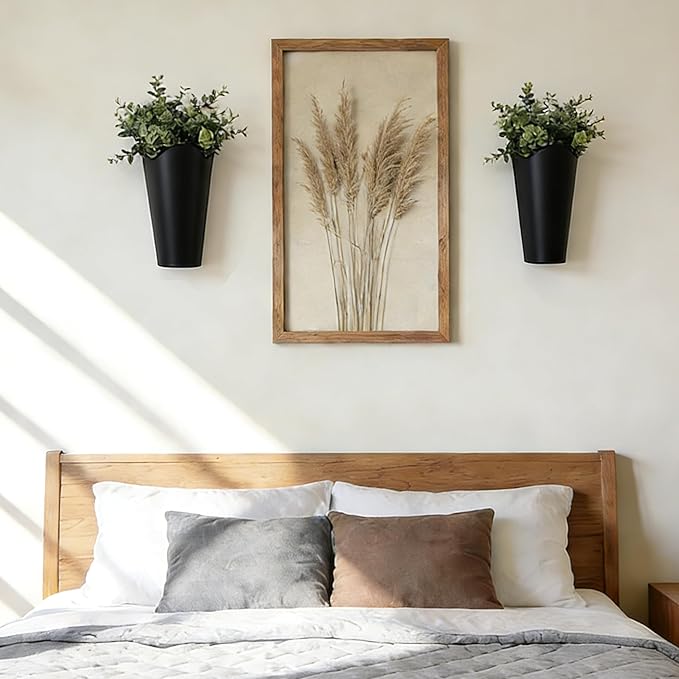 12 Inches Galvanized Wall Planters, Set of 2 - Black Metal Hanging Flower Buckets for Farmhouse Decor, Tall Tin Vases for Dried Flowers & Greenery, Indoor Outdoor Country Decor