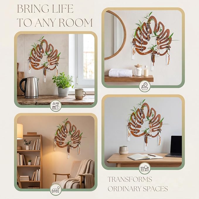 Leaf Shaped Hanging Wall Planter Terrarium for Plants with 6 Strengthened Glass Vases & 1 Spare, Wooden Plant Propagation Station for Indoor Cuttings, Hanging Propagation Stations Decor (15”)