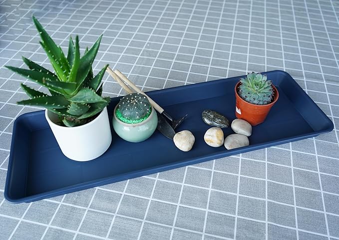VUWEZ 2 Pack of Plastic Plant Tray Saucer Rectangular 17 18 inch, Planter Trays Saucers for Indoors Outdoor, Plant Water Drip Tray for Flower Pot Planter, Windowsill Plants Trays (7.8 X 17.5'', Blue)