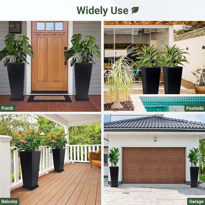 28" Metal Tall Outdoor Planters Set of 2, Durable & Wealtherproof | Tall Planters with Drainage Insert Shelve & Trays, Black Outdoor Planters for Porch, Garden, Yard