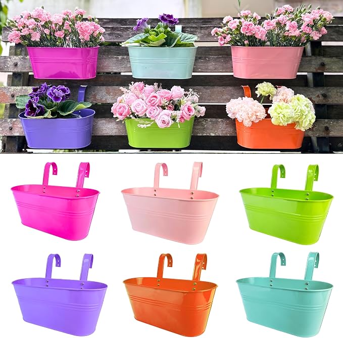 LaLaGreen Rail Planter (11.8 Inch, 6 Pack) Colorful Metal Hanging Flower Pots Railing Fence Balcony Gardening for Apartment Patio Planters Modern Garden Style Iron Outdoor Decoration Porch Decor