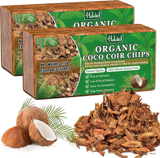 Halatool 2 Pcs Coco Husk Chips for Plants - 2.2 LB 100% Organic Coconut Coir Chips with Low EC and pH Balanced, Compressed Coco Substrate Growing Mulch Medium for Landscaping, Herbs, Plants, Flowers