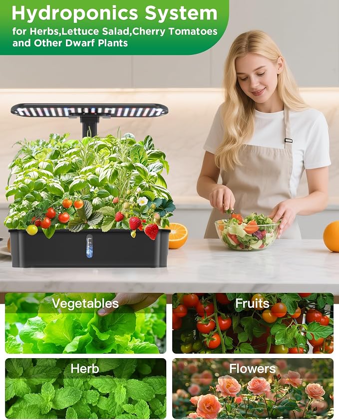Hydroponics Growing System Kits,Smart Indoor Herb Garden with 24W LED Grow Light Planting Height Adjustablewith,12 Pods Plant Germination Kit,with Quiet Pump, Ideal Gift for All Ages