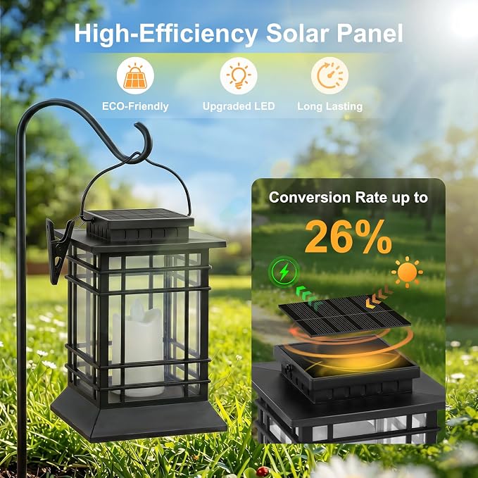 Brightever 4-Pack Solar Lanterns Outdoor Lights, Hanging Solar Lights for Outside, IP65 Waterproof LED Flickering Flameless Candle Mission Lights for Garden Yard Front Porch Path Tree Table Decor