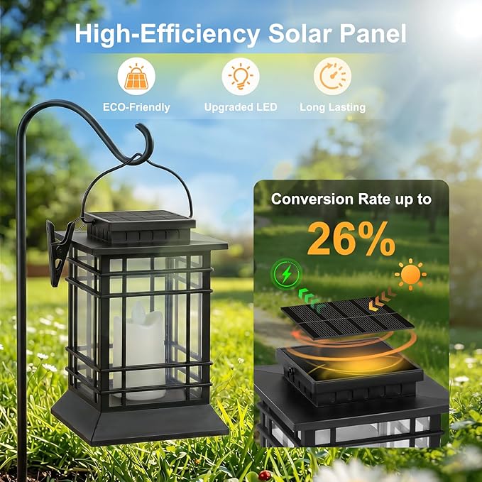 Brightever 2-Pack Hanging Solar Lanterns Outdoor Waterproof, Lanterns Decorative Outdoor with LED Flameless Candle, Dual Modes (Flicker & Steady On), Solar Lantern Lamp for Patio Yard Table Garden
