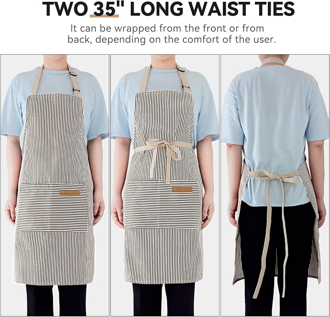 NLUS 2 Pack Cooking Aprons for Women with Pockets, Adjustable Kitchen Bib Aprons Chef Aprons for Women Men(Brown Pinstripes)