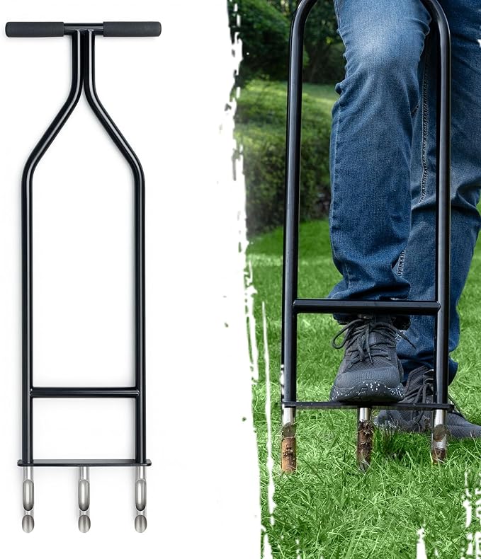 Manual Core Lawn Aerator — 3 Hollow Tines, One-Piece Steel Frame, Self-Cleaning Semi-Open Design, Lawn Aerator Tool for Compacted Soil & Overseeding