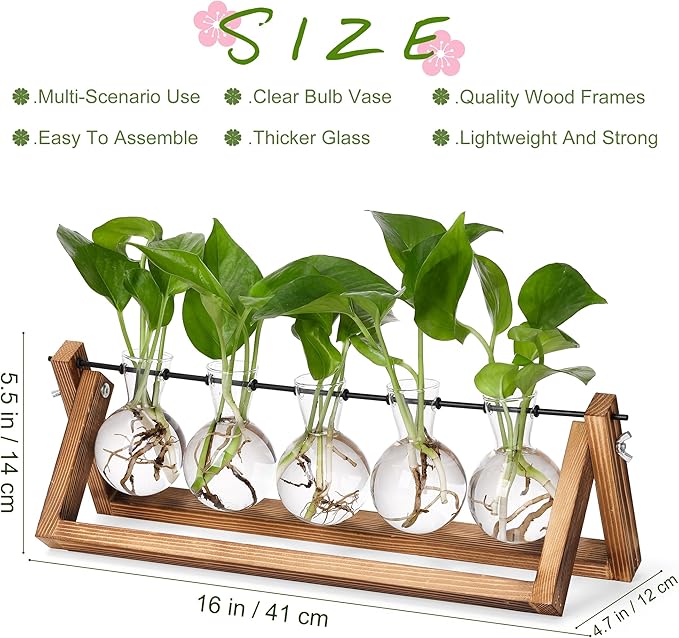 YIBOT Plant Propagation Stations with Wooden Stand & 5 Glass Bulb Vases | Tabletop Plant Terrarium for Propagating Hydroponic, Retro Glass Planter Flower Vase Home Kitchen Office Decor Gifts