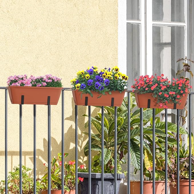 6 Pack Railing Planter Boxes Outdoor Window Boxes Planter with Drainage Holes, Plastic Garden Fence Planters with Metal Brackets for Deck, Balcony, Patio, Brick Red
