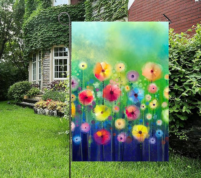 Watercolor Abstract Spring Summer Seasonal Green Floral Flowers Painting Art Garden Yard Flag 12"x 18" Double Sided Polyester Welcome House Flag Banners for Patio Lawn Outdoor Home Decor
