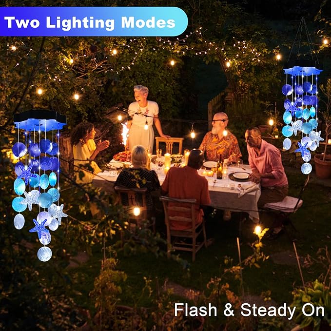 Solar Shell Gift for Mom Grandma Girls, White & Blue Solar Wind Chimes for Outside, Outdoor Decorative Mobile Lights for Garden, Yard, Patio, Window, Party, Outdoor Decorations