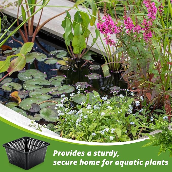 4 Pcs Aquatic Plant Baskets for Hydroponics Water Garden Plant Pots Black Plastic Mesh Basket 9 x 9 x 5.2 Inch Square Pond Containers for Island Live Aquarium Botany Flowers