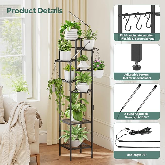 Quikraen 8 tiers Metal Plant Stand with Grow Lights, Tall Lighted Corner Plant Shelf for Indoor Plant Growing,Flower Pot Holder, Plant Rack for Home Decor, Patio (Black)