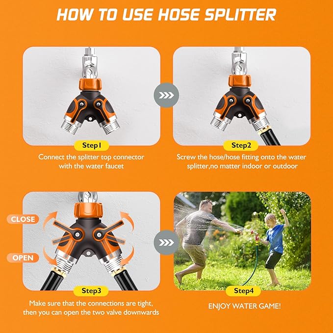 2 Way Garden Hose Splitter with Shut Off Valve,Water Spigot Splitter for 3/4" Hose Connector,Heavy Duty Metal Outdoor Faucet Splitter Y Connector for Hose,with 3 Leakproof Washers & 1 tape(2, Orange)