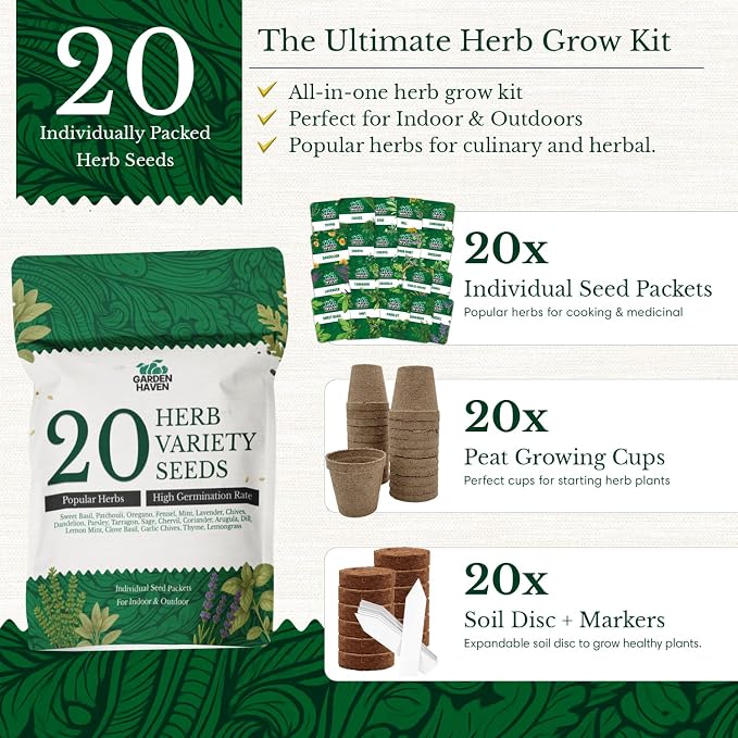 20 HERB Seeds Variety Pack - Complete Grow Kit Culinary Herbs Indoor Outdoors Herb Seeds, Basil, Oregano, Mint, Thyme & More Individually Seed Packets Starter Kit (Seeds Only)