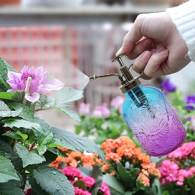 Glass Plant Mister Spray Bottle, 350ML Vintage Plant Spritzer, Succulent Watering Bottle Glass with Top Pump, Small Plants Sprayer Watering Can for Indoor (Blue Purple)