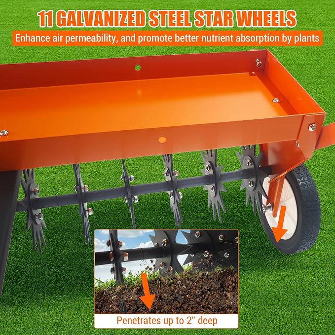 GarveeLife 40 in Tow Behind Aerator, Aerator Lawn Tool with Universal Hitch, Adjustable Handle, Transport Wheels, Lawn Aerator Compatible with Tractors for Garden, Farm and Lawn, Orange