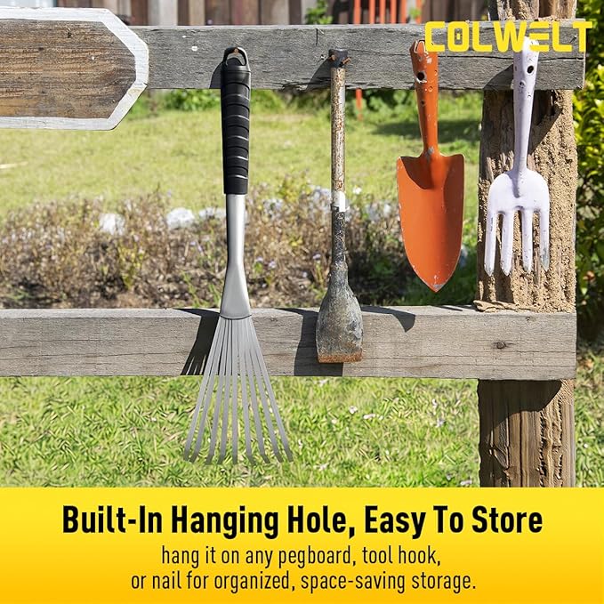 Colwelt Hand Rake 16.5", Small Rake for Gardening with 9 Resilient Flat Tines, Metal Mini Rake with Hanging Hole for Storage, Hand Fan Rake for Leaves, Loosening Soil, Spreading Mulch, Flower Beds