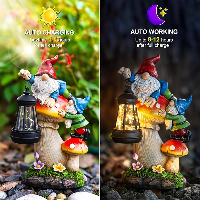 C&Y&G&X Solar Garden Gnome Statue, Waterproof Outdoor Mushroom Decor with Solar Lantern LED Lights, Resin Garden Gnome Yard Art for Lawn Patio Porch, Gifts for Mom Grandma Garden Lovers