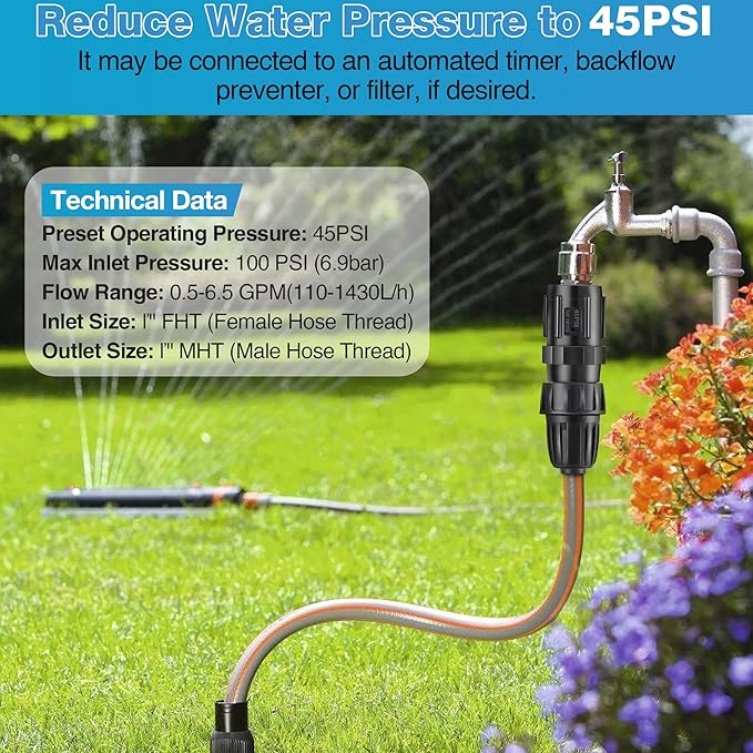 Drip Irrigation Pressure Regulator Faucet Adapter Kit, 3/4" FHT x 3/4'' MHT Pressure Regulator, 1/2 Inch Drip Irrigation Tubing Adapter(45 Psi,6 Pcs)