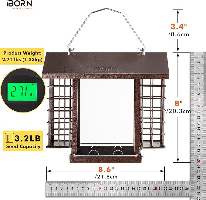 iBorn Bird Feeders for Outdoors,Bird Feeder with Double Suet Holders,Suet Feeder for Outside,Weatherproof Metal Roof,Easy to Refill&Clean,3.2 LBs Seed Capacity+2X Cake,1 Pack,Coffee Roof & Coffee Grid
