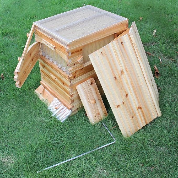 Golden Palace Bee Hive, Beehive with 7pcs Auto Super Frames, Bee House with 1pcs Super Boxes, 1pcs Brood Boxes(No Brood Frames), Bee Hives Starter Beekeeping Kits