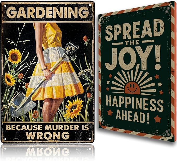 Funny "Gardening Because Murder Is Wrong" Metal Yard Sign: Vintage Garden Decor for Outside Patio, Porch, and Backyard, Women's Gifts for Plant Lovers, Outdoor Greenhouse Accessories