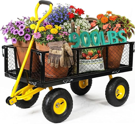 SUNNYFEEL 900 LBS Heavy Duty Steel Garden Cart, Utility Garden Wagon Cart with 10" Flat-Free Wheels and Removable Sides, All Season Yard Cart with 180° Adjustable Handle