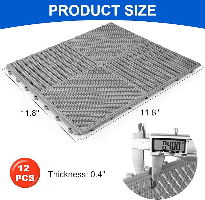 MYFAMIREA Modular Interlocking Cushion 12 Pack 11.8" x 11.8" Rubber Floor Tiles Non-Slip Splicing Drainage Mats for Deck, Pool, Shower, Patio, Balcony, Bathroom, Kitchen, Yard (2 Rows Dots, Gray)
