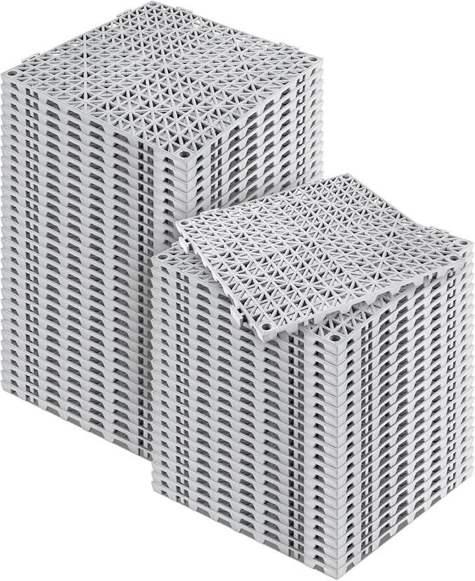 MYFAMIREA Modular Interlocking Cushion 55 Pack 11.8" x 11.8" Rubber Floor Tiles Non-Slip Splicing Drainage Mats for Deck, Pool, Outdoor Shower, Patio, Balcony, Indoor Bathroom, Kitchen, Yard (Gray)