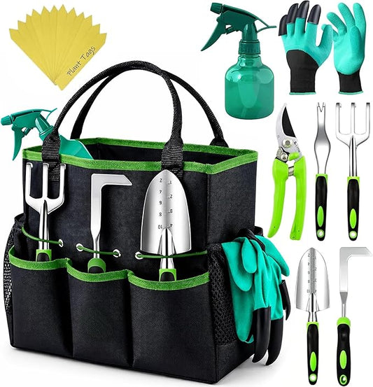 Heavy Duty Gardening Tools - Gardening Gifts for Women, Men, Mom, Dad - Durable, Ergonomic Garden Tools Set (Green)