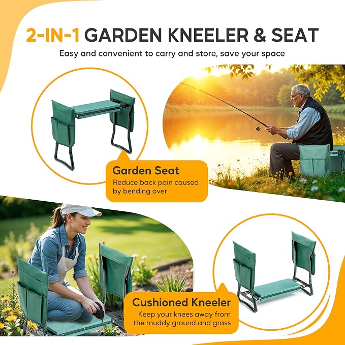 Simple Deluxe Garden Kneeler and Seat, Foldable Kneeling Stool with Thicker EVA Foam Pad, Heavy Duty Bench with 2 Tool Pouches, Gifts for Outdoor Gardening, Fishing, Green.