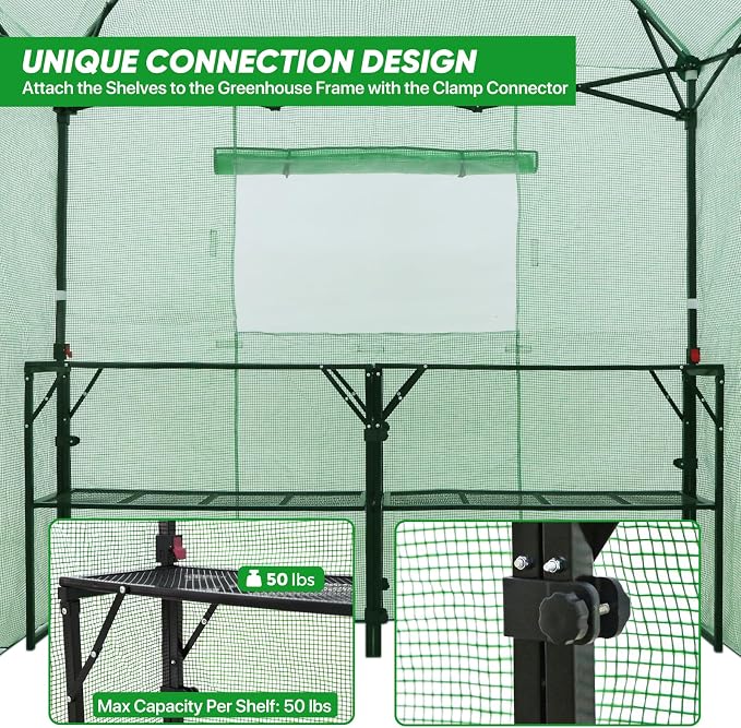 EAGLE PEAK 7x7 Portable Walk in Greenhouse, Pop Up Indoor Outdoor Greenhouse, Green House Kit with Zippered Roll-Up Doors and Windows + Mesh Lining & 2 Foldable Shelves, PE Cover, Clear/Green