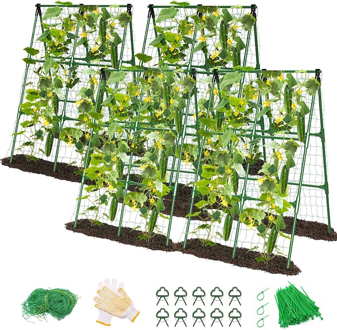 MYMULIKE 4 Pack Cucumber Trellis, Garden Trellis for Climbing Plants Outdoor, A-Frame Cucumber Trellis for Raised Bed, Plant Grow Support for Tomato, Squash, Vegetable, Flower(33"x47"x4Pcs)