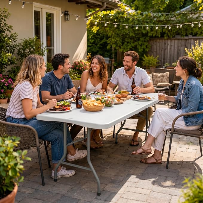 HAISIWLKJ Folding Table 5 FT Camping Table Portable Heavy Duty Plastic Rectangular Outdoor Dining Table Steel Legs Fold-in-Half with Carrying Handle for Indoor,Picnic,Party,Wedding,Events(White)