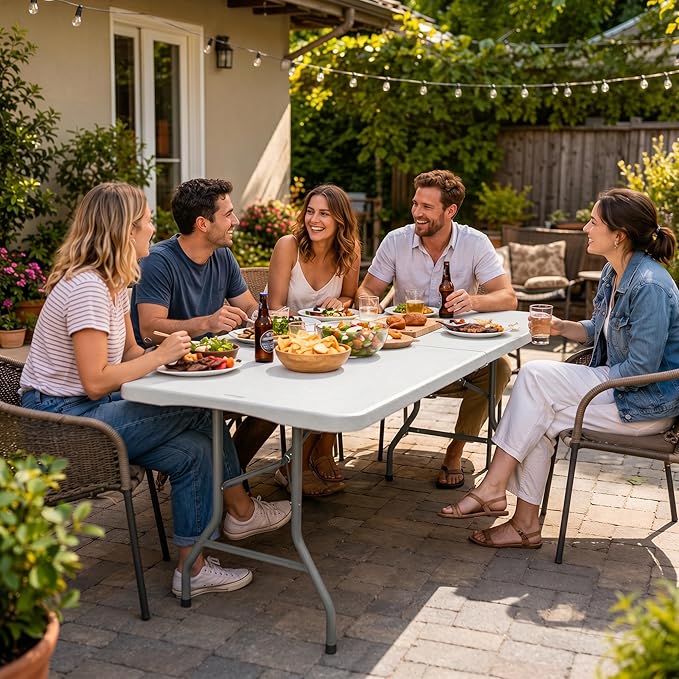 HAISIWLKJ Folding Table 8 FT Camping Table Portable White Heavy Duty Plastic Rectangular Outdoor Dining Table Steel Legs Fold-in-Half with Carrying Handle for Indoor,Picnic,Party,Wedding,Events
