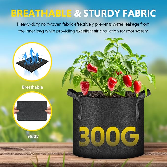 iPower 5-Pack 25 Gallon Plant Grow Bags Thickened Nonwoven Aeration Fabric Pots Heavy Duty Durable Container, Strap Handles for Garden, Black