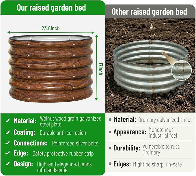 SnugNiture Raised Garden Bed, 2 PCS 2×2×1.5ft Round Galvanized Outdoor Planter Box, 17" Tall Deep Metal Garden Bed Kit for Planting Vegetables, Fruits, Flowers, Brown