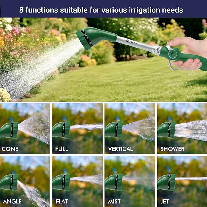 HugeDawn Garden Hose Wand, 16-Inch Heavy Duty Zinc Alloy & Aluminum Watering Wand with 8 Spray Patterns Thumb Control for Hanging Baskets, Garden, Cleaning (Green)